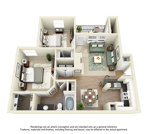 Floor plan for 2 beds, 1 bath, 905 sqft